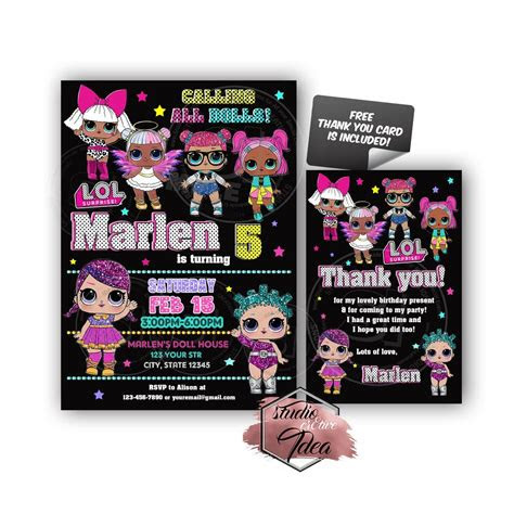  custom lol surprise dolls birthday invitation with free matching thank