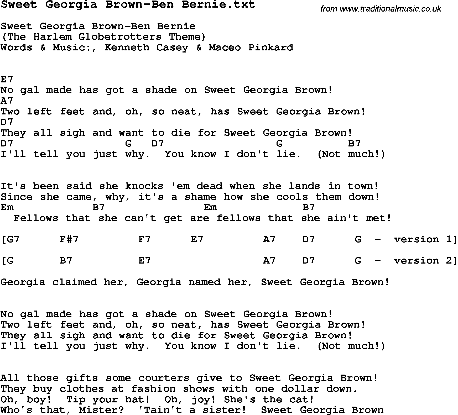 Sweet Georgia Brown Chords And Lyrics