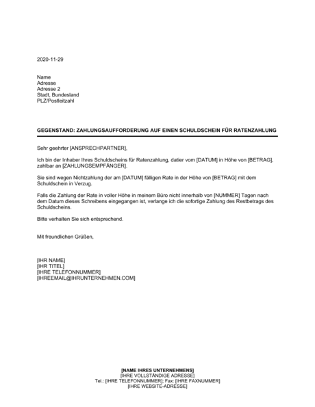 Zahlungsaufforderung Auf Einen Schuldschein Fur Ratenzahlung Vorlagen Und Muster Biztree Com