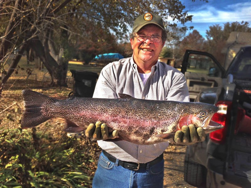 A joyous Mark Reed holds up his record rainbow trout.