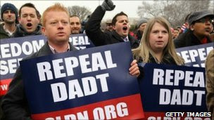 Activists rally for the repeal of the "don't ask, don't tell" policy in Washington, DC, 10 December