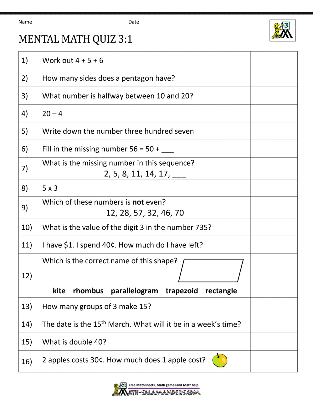 mental math 3rd grade