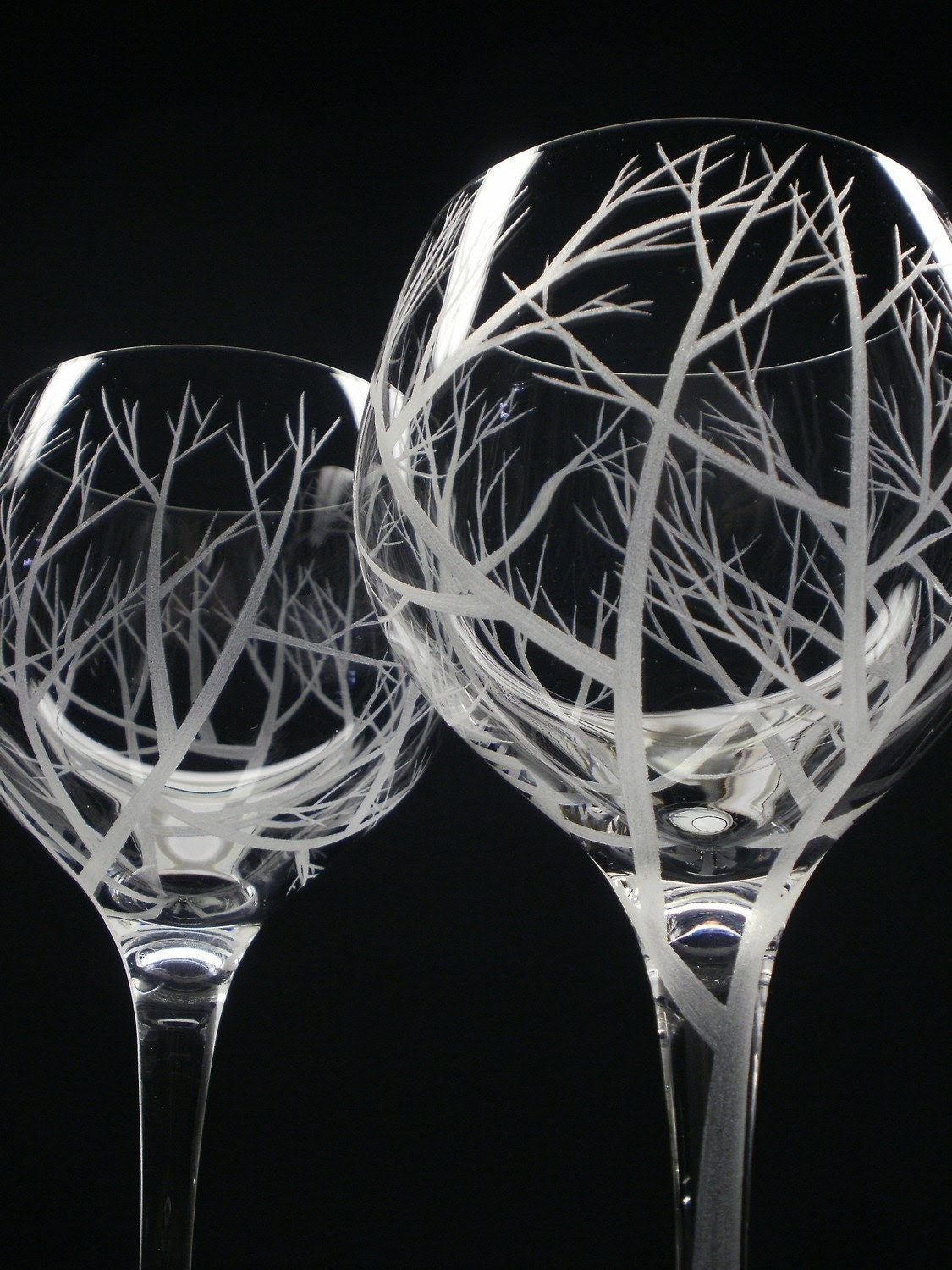 2 Red Wine Glasses Hand Engraved 'Reaching by daydreemdesigns