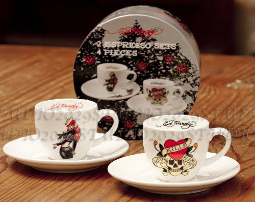 Ed Hardy Tattoo Flash (Love Kills Slowly) Ceramic Espresso Set - 2 Cups &