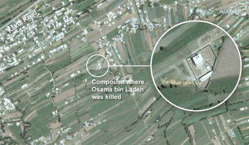 拉登被击毙时所藏身的三层豪宅卫星地图