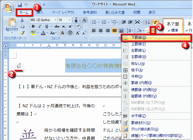 文字列に罫線を引く方法 ｗord ワード レイアウト文書の作成 応用編