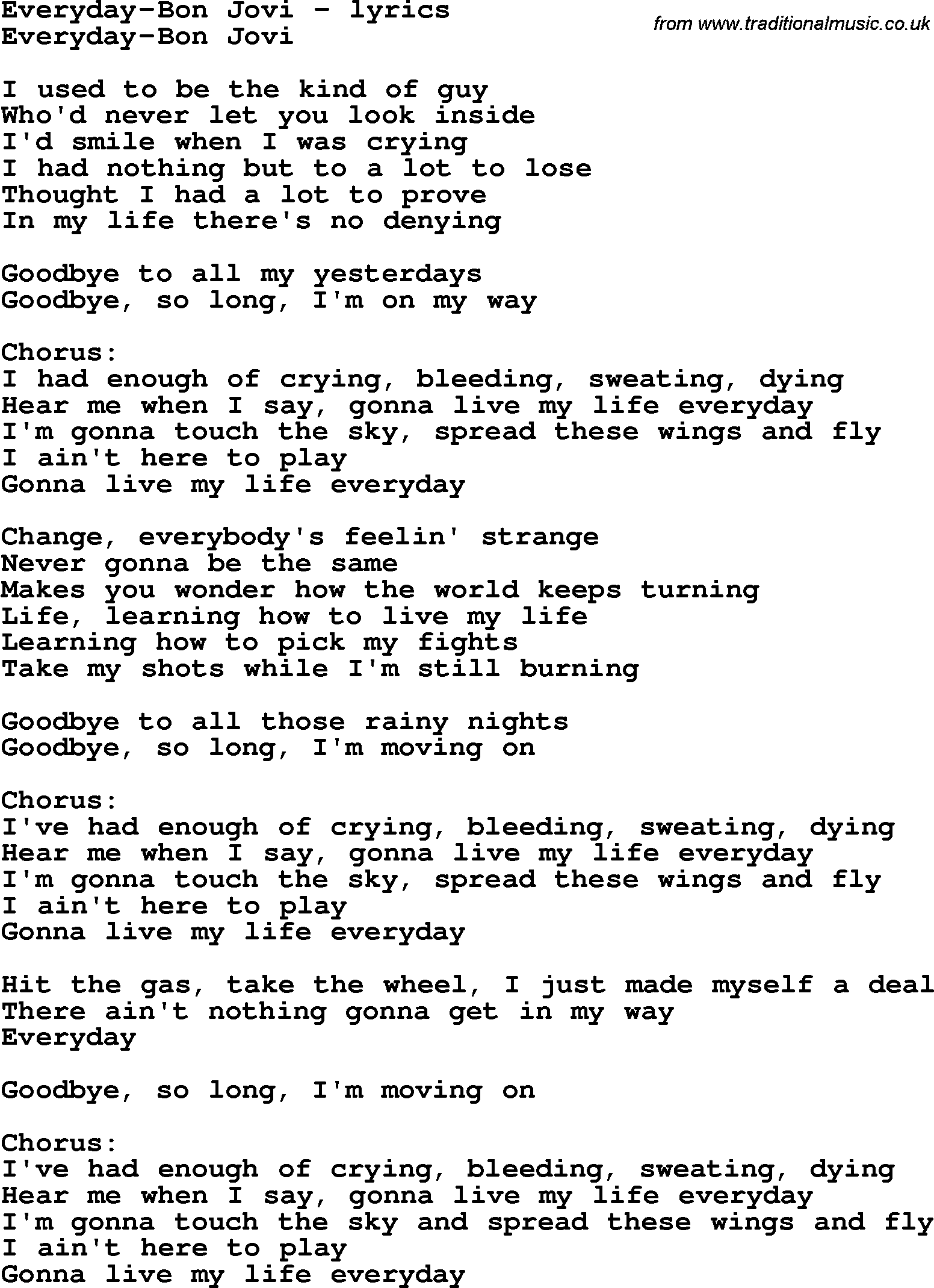 Love Song Lyrics For Everyday Bon Jovi