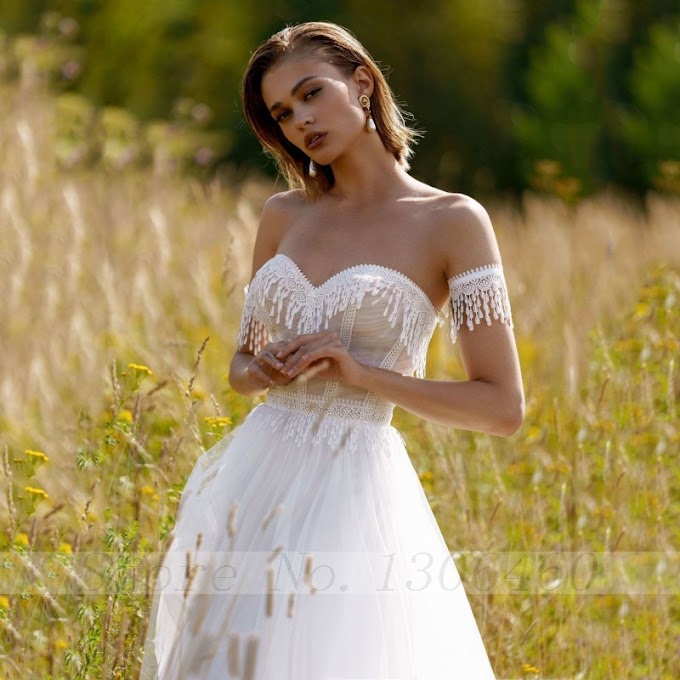 [Best Seller] Thinyfull Princess Tassel Sweetheart A Line Lace Wedding Dresses Off The Shoulder Tulle Button Appliques Sweep Train Bridal Gown
