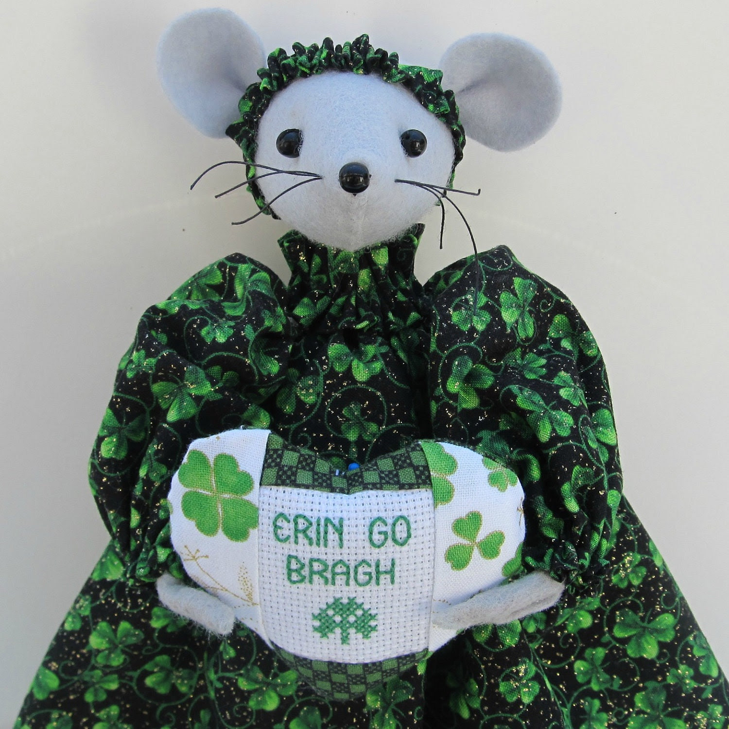 St Patrick's Mouse Felt 11" Holding Cross Stitch Heart handmade by Warmth