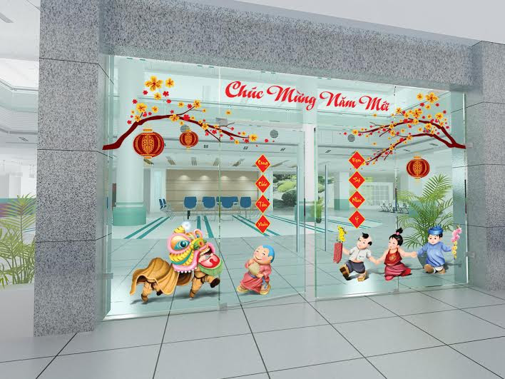 trang trí hoa mai trước cửa công ty