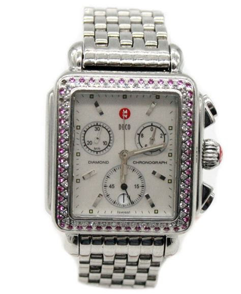 This gorgeous sapphire diamond necklace is crafted of platinum and features a unique and stunning design. Ladies Michele Deco SS Quartz Chronograph Diamond & Pink