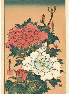 赤白の牡丹の花と小鳥の塗り絵 大人の塗り絵ー無料新着ぬりえ