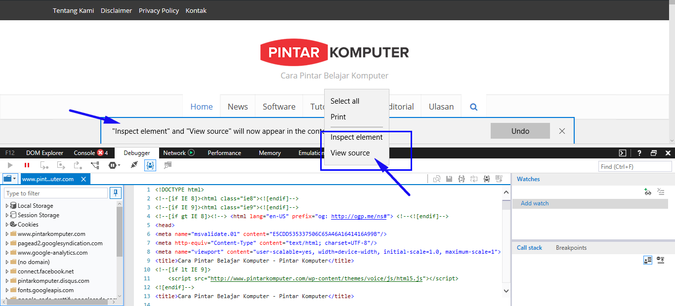 ... Inspect Element" dan "View Source" di Microsoft Edge - Pintar Komputer