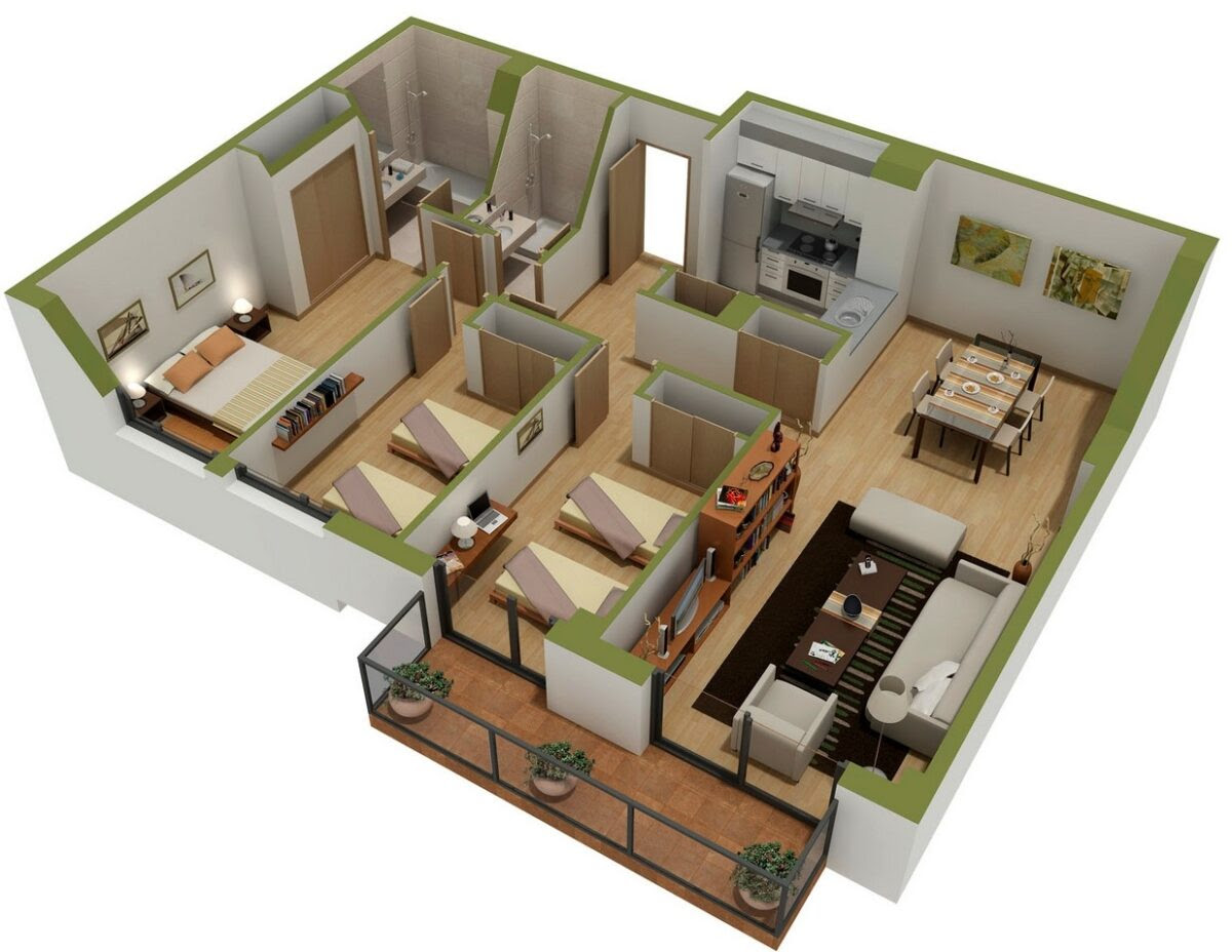 25 Three Bedroom House/Apartment Floor Plans