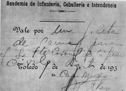 Vale por un filete de carne y una torta de pan expedido por el capitán médico de los asediados y dado al teniente coronel Romero Basart
