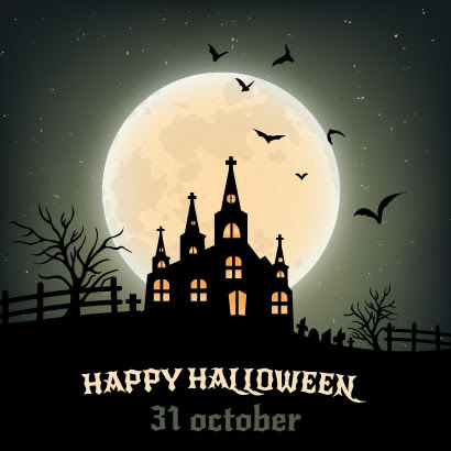 ハロウィン背景 月夜 館 コウモリのイラストai Eps ベクタークラブ イラストレーター素材が無料