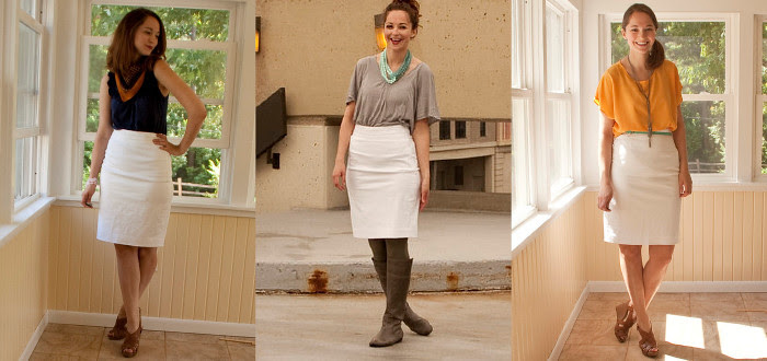 white pencil skirt, one piece three ways, remixes, ootd, how to wear, white skirt