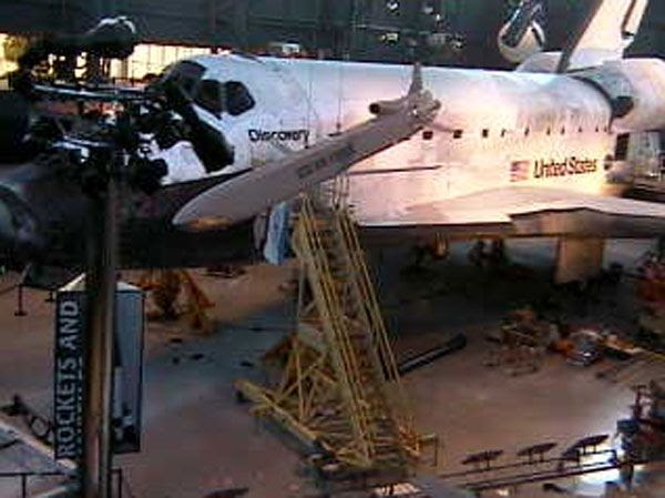 A webcam image showing Discovery as work continues to be done on putting her in her final museum display configuration, on April 26, 2012.