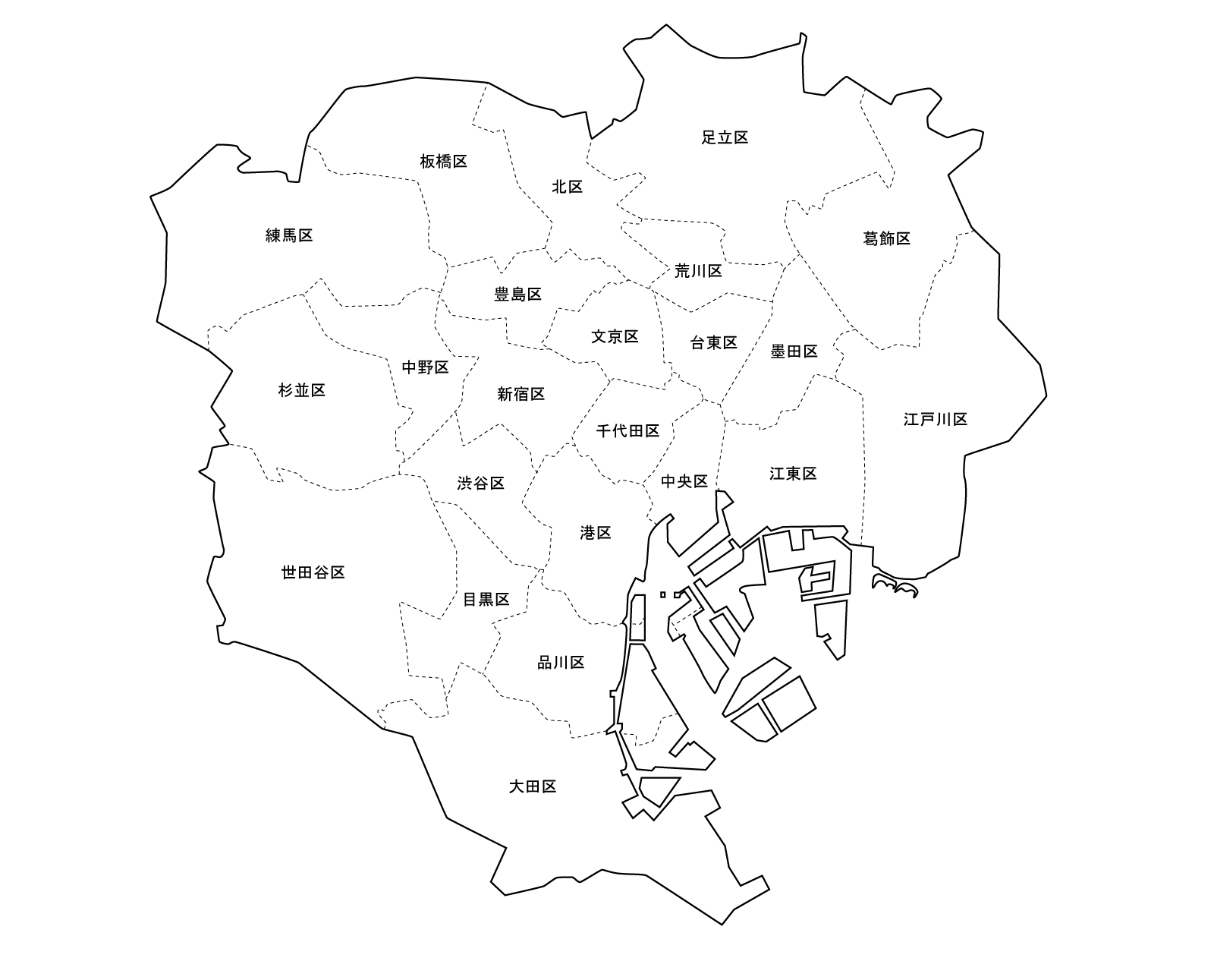 ちずそ 無料地図素材 東京都区名入り白地図