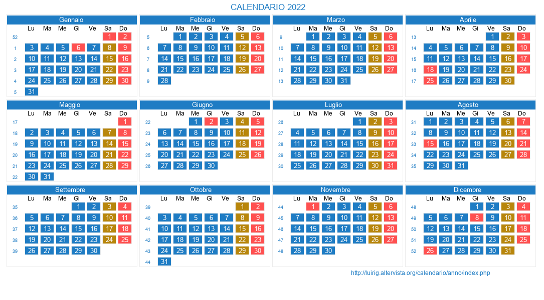 Calendario Giorni Lavorativi 2022