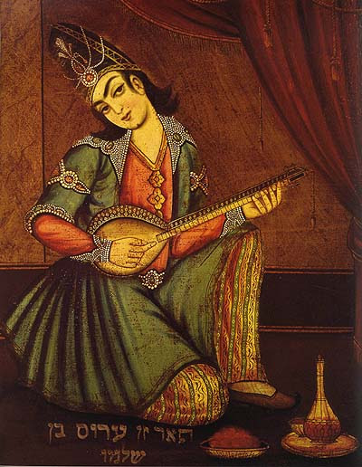 Arus ben Shelomo playing on tar. Left panel of a Persian Jewish double portrait, c. 1846