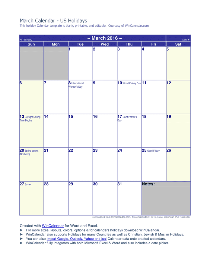 March 2016 Calendar in Word and Pdf formats