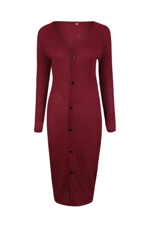 V Neck Single Breasted Plain Long Sleeve Bodycon Dresses