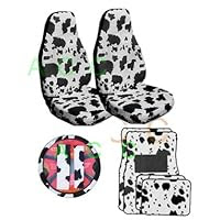 9 Piece Safari Animal Print Auto Interior Gift Set - 2 Cow Front Bucket Seat Covers, 1 Cow Steering Wheel Cover,2 Cow Shoulder Harness Pressure Relief Cover, 2 Cow Front Floor Mats, and 2 Rear Floor Mats