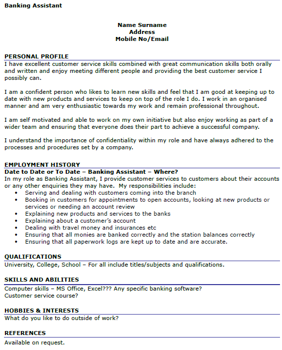Banking Assistant Cv Example Icover Org Uk