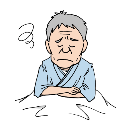 ベッドで下を向いて悩んでいる入院患者男性イラスト 無料イラスト配布サイトマンガトップ