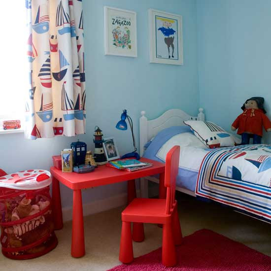 Nautical boys' bedroom with bright red desk | Boys' bedroom ideas ...