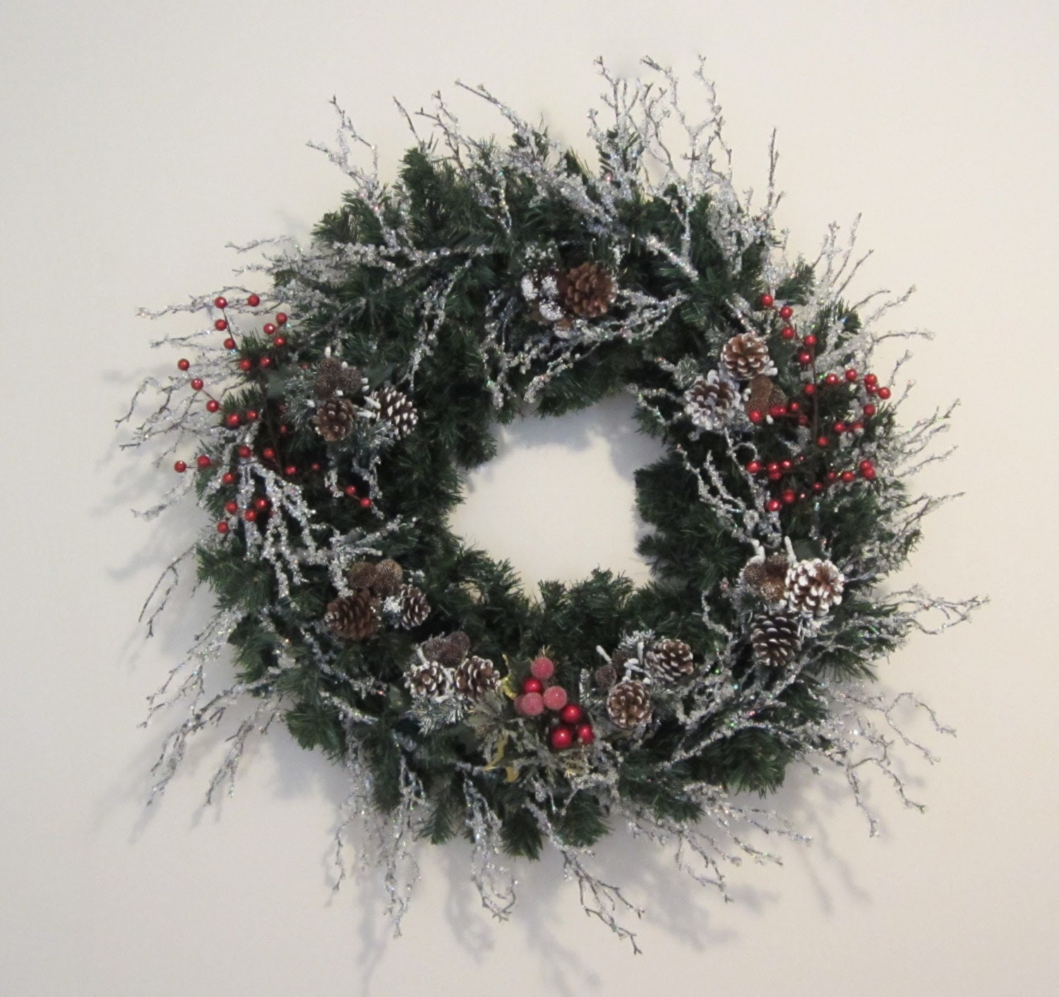 Christmas Wreath, Winter Wreath With Crystal Ice Branches, Snow Covered Pine Cones, Door, Mantel Wreath, Holiday Wreath