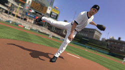 Pitcher following through with his motion towards home plate in MLB 2K10 Pitcher following through with his motion towards home plate in MLB 2K10