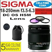 Sigma 18-250mm F3.5-6.3 DC OS HSM Mulitpurpose Lens for Canon Digital SLR Cameras + 3 Piece Filter Kit with Case + Lens Case + Celltime 5 Year Warranty