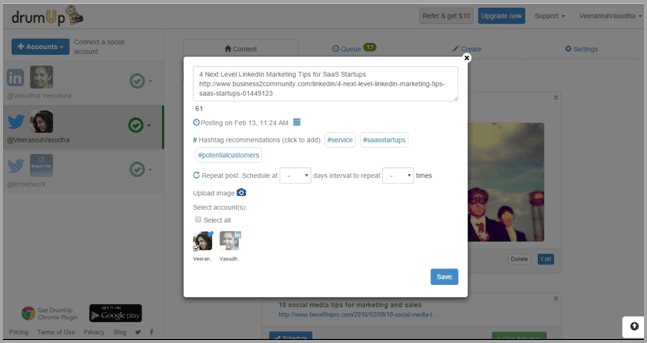 Content discovery and scheduling tools like DrumUp edit the post image for marketing automation
