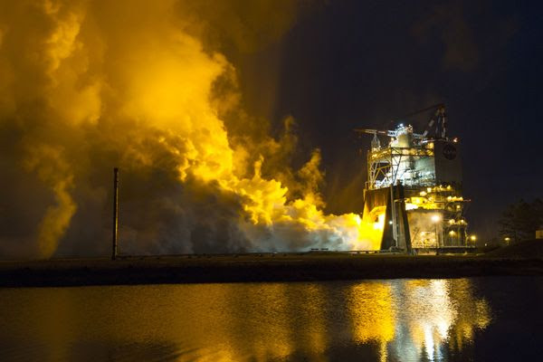 An RS-25 engine is test-fired inside the A-1 test stand at NASA's Stennis Space Center in Mississippi...on January 9, 2015.