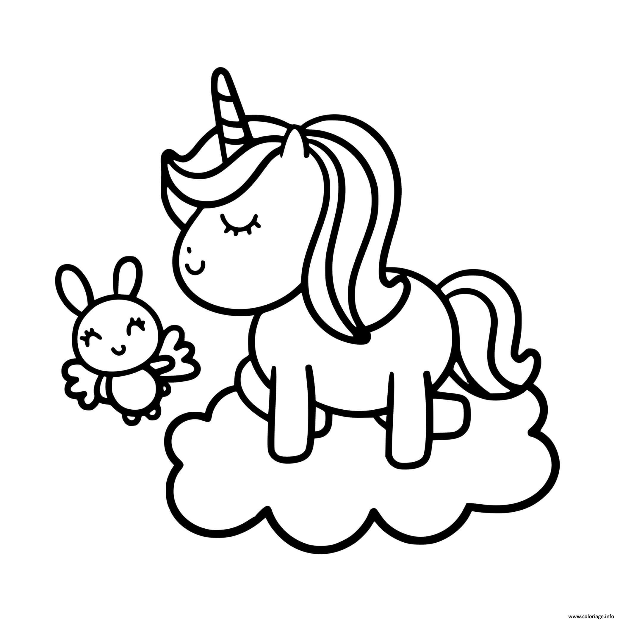 Coloriage Licorne Kawaii avec son bebe sur un nuage  JeColorie.com