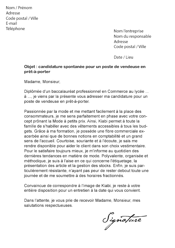Lettre de motivation KIABI (Vendeuse en prêt-à-porter)
