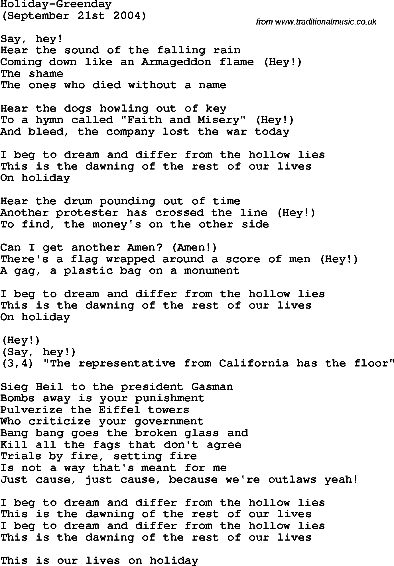 Protest Song Holiday Greenday Lyrics And Chords