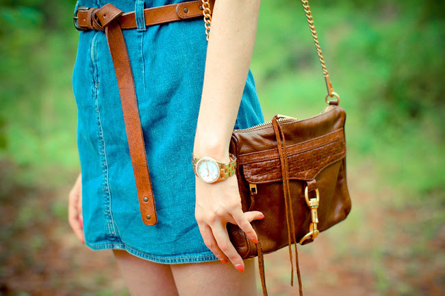Gap denim dress, Asos leather boyfriend belt, Rebecca Minkoff bag, Diba sandals, Fashion Outfit