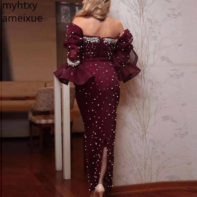 Best Seller 2020 New Off The Shoulder Kaftan Arabic Big Red Sexy Plus Size Evening Dresses Pearls Beaded Long Sleeve Formal Dress Party Gown