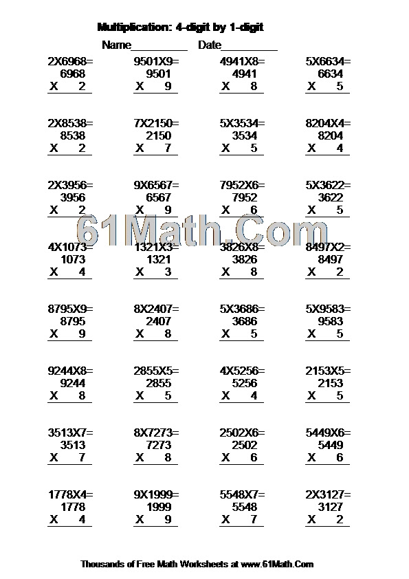 Multiplication: 4-digit by 1-digit Create Your Own Math Worksheets