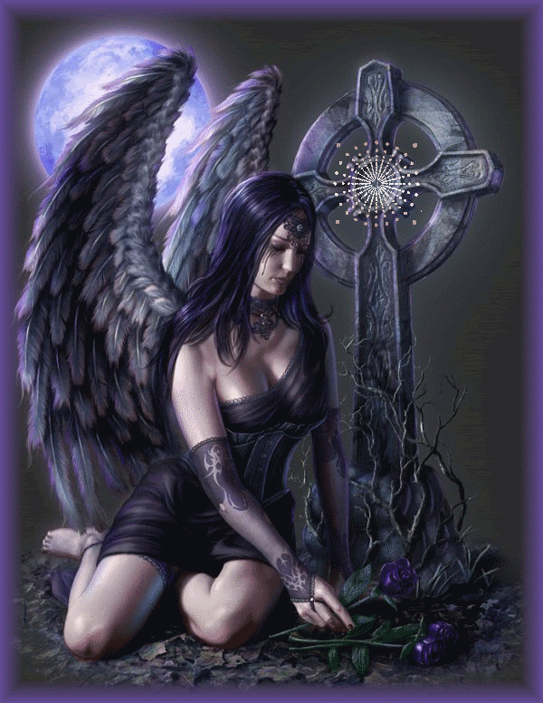 Ange triste déposant des roses au pied d'une croix...