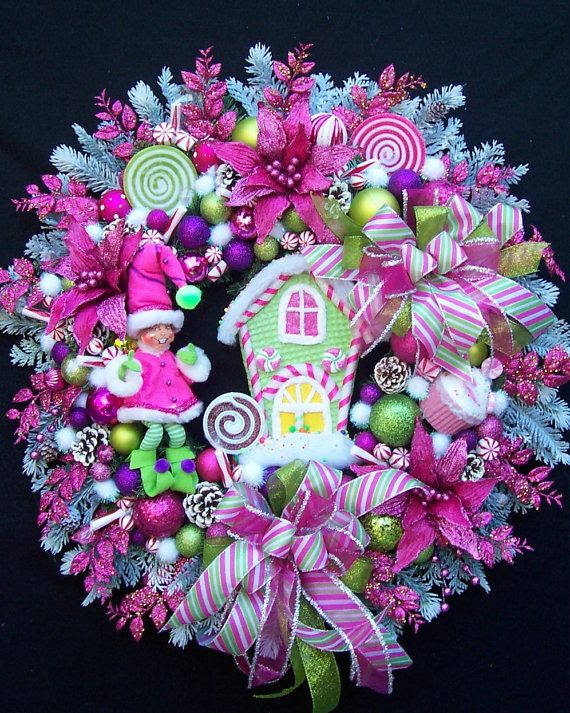 Annalee Elf and Raz Candy House Christmas Wreath In Hot Pink And Lime Green