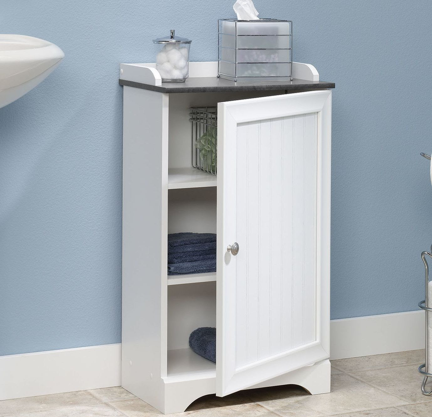 White Floor Storage Cabinet Bathroom Organizer Cupboard ...