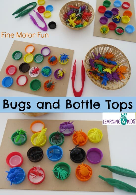 Bugs and Bottle Tops - simple, fun fine motor activity for kids.