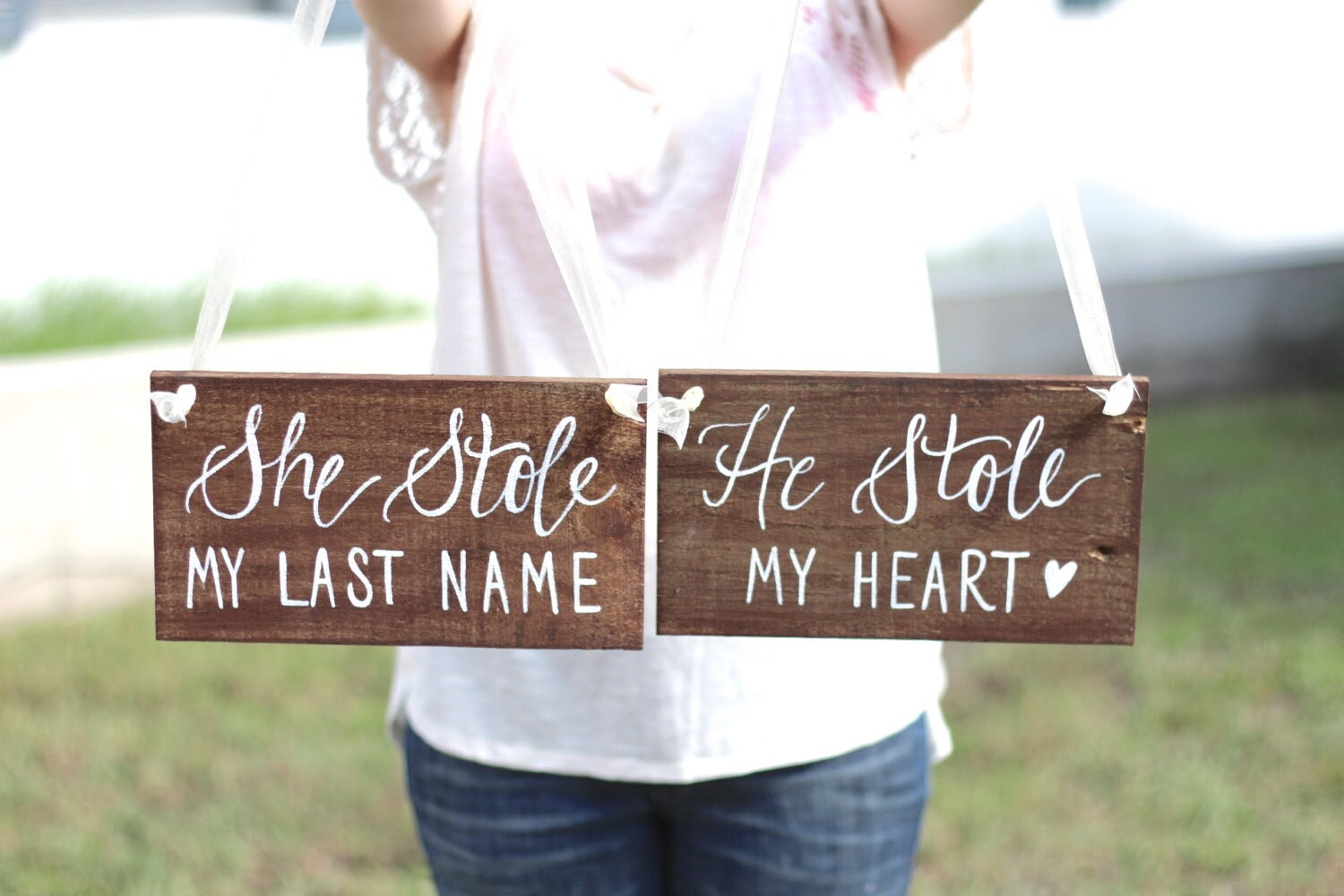 Mr. and Mrs. Wooden Signs - "He Stole My Heart" Chair Signs or Photo Props - Rustic Weddings