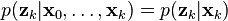 p(\textbf{z}_k|\textbf{x}_0,\dots,\textbf{x}_{k}) = p(\textbf{z}_k|\textbf{x}_{k} )