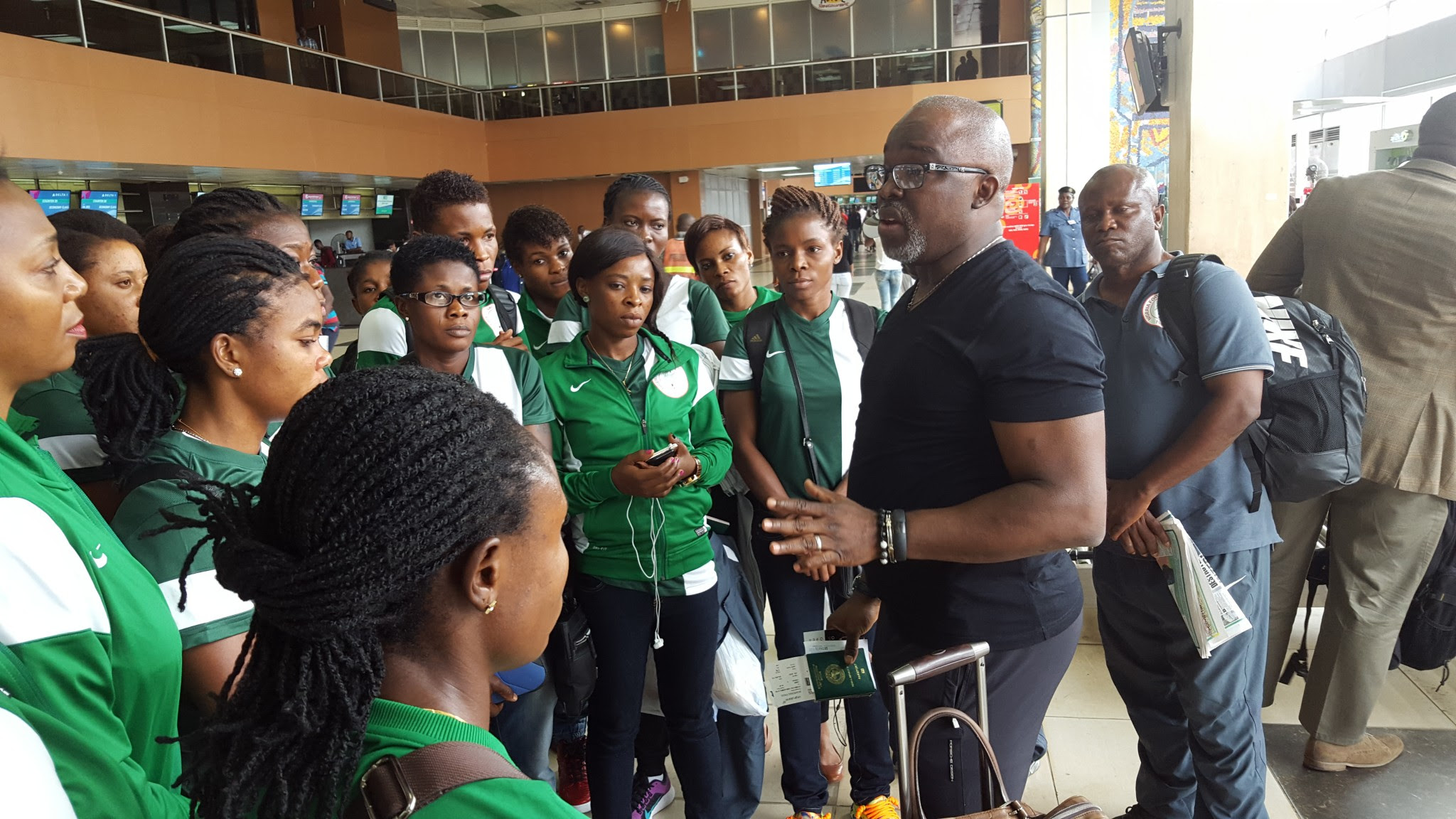 NFF president Pinnick addressing the Falcons in Lagos before their departure to Bata on Thursday