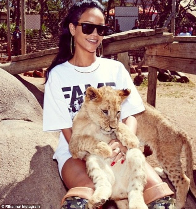 Furr-tastic: The Barbados-born beauty smiled while holding a large feline